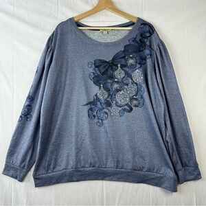 One World Holiday Blouse Size XXL Blue Christmas Ornaments Long Sleeve Stars